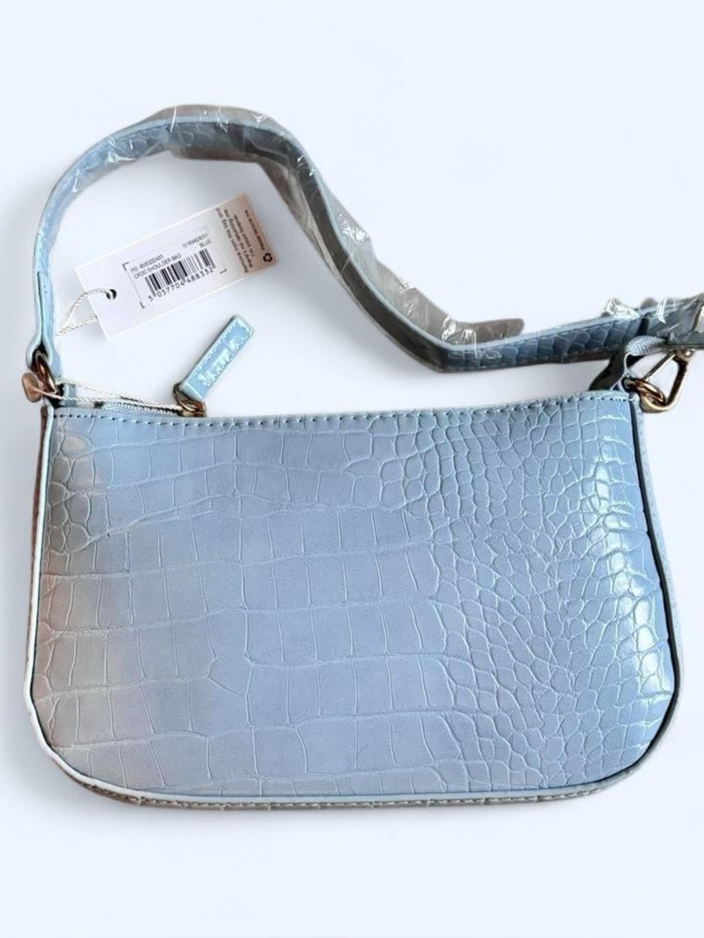 Blue Mini Faux Leather Baguette Bag